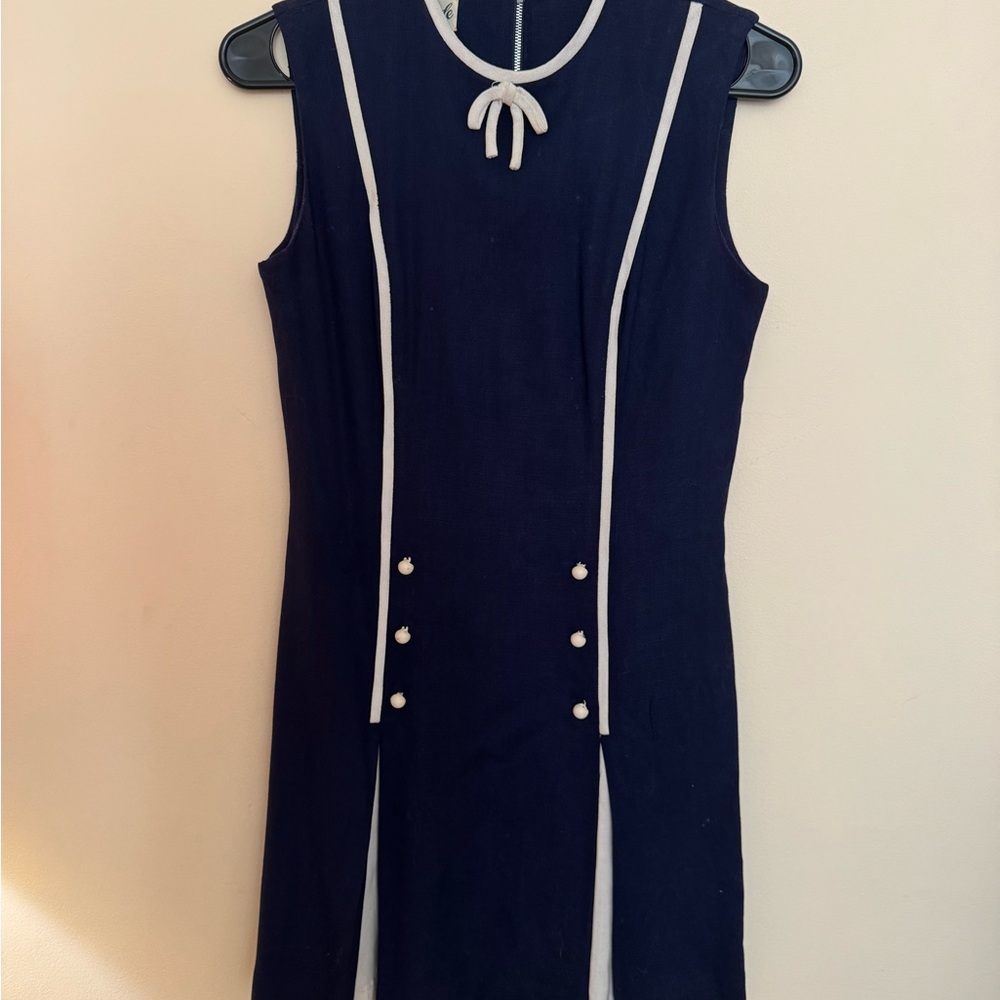 Elegant Navy Blue Dress with White Accents